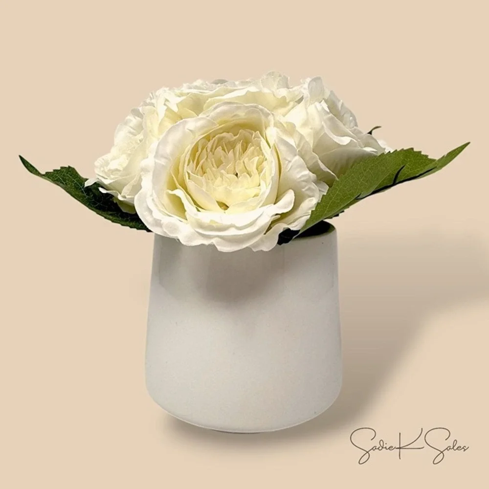 White Faux Rose Floral Arrangement in Ceramic Vase 13